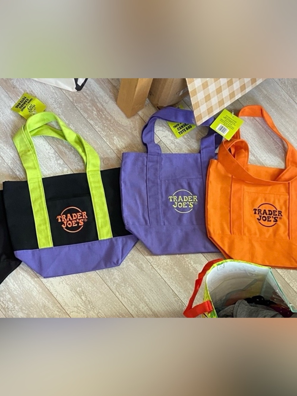 NWT Limited Edition Trader Joe's Multicolor, Purple & Orange Tote Bag - Set of 3